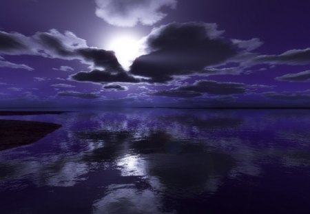 LONELY NIGHT - MOON, CLOUDS, SKY, PURPLE, REFLECTION, LONELY, OCEAN, NIGHT