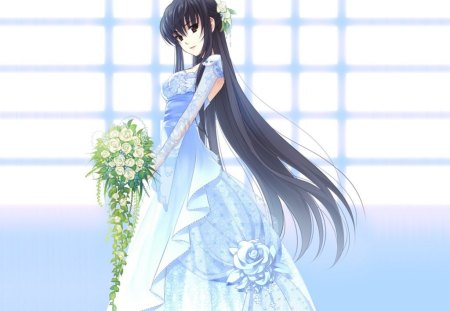 Beauty Full Bride - pretty, anime, elegant, female, window, dress, wed, long hair, gorgeous, plain, nice, bride, gown, anime girl, beautiful, hot, wedding, girl, simple, beauty, lovely, sweet, flower, bouquet, white, cute, floral, sexy