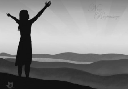 new beginning - symbolic, girl, landscape, freedom, silhouette, new beginning, harmony, moment, black, white, sun