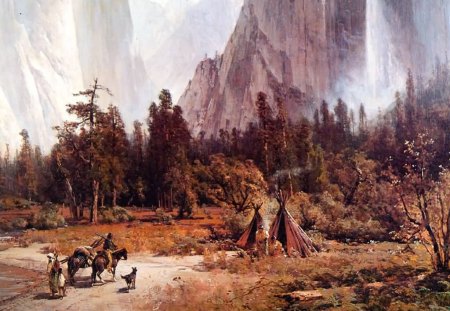 Yellowstone Valley - indians, mountains, native, painting