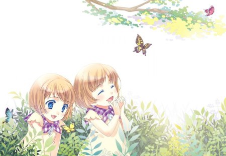 Kids n Butterfly - pretty, anime, kawaii, female, grass, children, child, joy, happy, short hair, nice, blue eyes, anime girl, girl, enjoy, lovely, brown hair, sweet, excited, twins, butterfly, cute, adorable