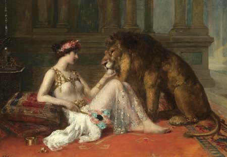 Beauty and the beast by Adolphe Weisz - beauty, woman, carpet, lion, girl, painting, white, art, adolphe weisz, beast, interior, animal, dress