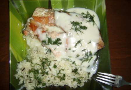 white samon - white, samon, green, rice, food, dinner