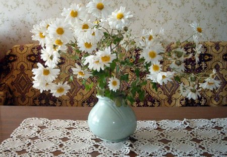 Delicate Daisies - table, white daisies, lacy table cloth, vase