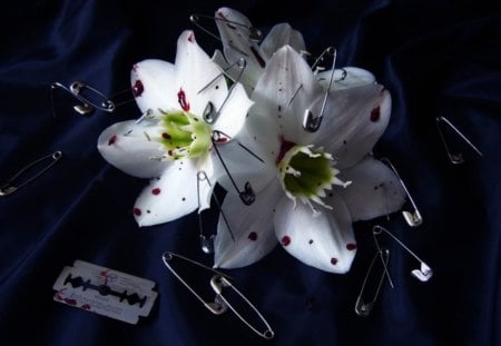 Flower of Death - razor blades, blood, flowers, safety pins, gothic