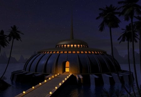 Palace Fantasy - ocean, palm trees, lit walkway, palace