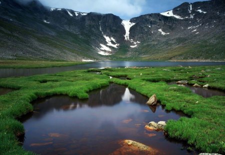 LAKES n MOUNTAIN - clouds, reflections, mountainscape, water, pond, snowy, beauty, reflection, mountain, nature, green, lake, emerald, sky