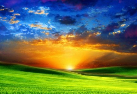 COLORFUL HORIZON - blue sky, sunset, clouds, grass