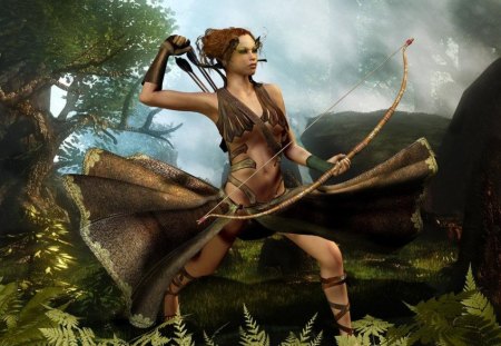 Bow and Arrows - abstract, trees, fantasy, archer, arrows, bow