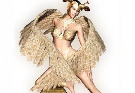 Angel in Gold - golden horns, angel, gold breast plate, golden wings