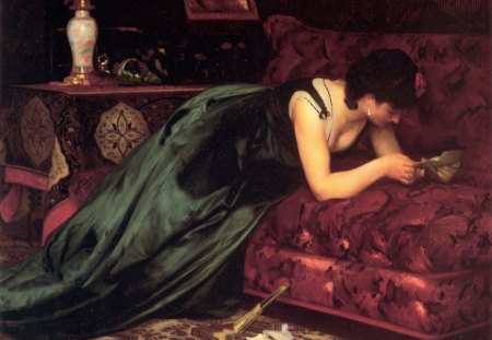 the love letter by Emile Levy - red, emile levy, interior, sofa, vase, dark, brunette, dress, art, white, the love letter, painting, woman, green