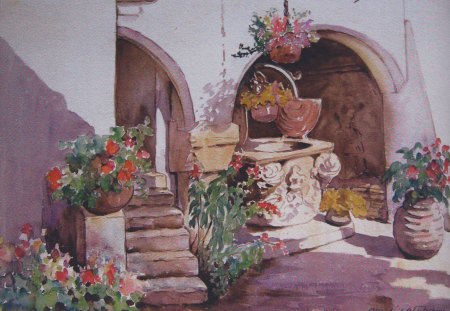 Bran castle (The stone fountain) by Ottilia Michail Otetelesanu - bran castle, ottilia michail otetelesanu, painting, art, romania, stone fountain, pink, red, green, flower