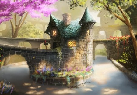 Fantasy castle - pink, castle, river, colors, fantasy, bridge