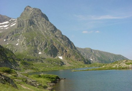 Mountains - mountain, grass, lake, sky