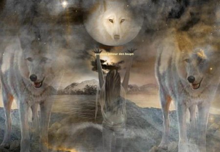 Full Moon Fantasy - moon, abstract, fantasy, woman, animals, wolves