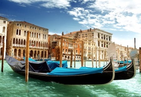 parked gondolas in venice lagoon - city, lagoon, wooden stakes, boats