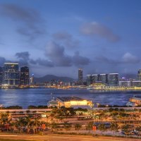 hong kong harbor at dusk hdr