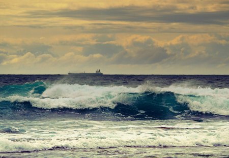 ship along the horizon behind sea waves - horizon, clouds, ship, beach, sea, waves