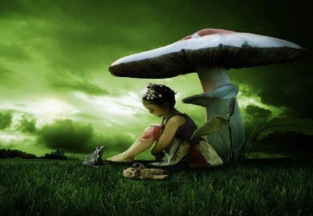 Mushroom Dreams - mushroom, abstract, girl, clouds, fantasy