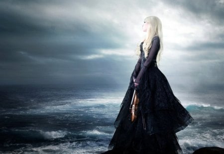 The winds are Silent - lady, violin, silent, fantasy, wind