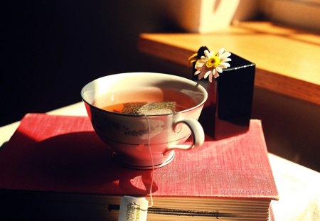 Tea and a Good Book - tea, flower, cup, book