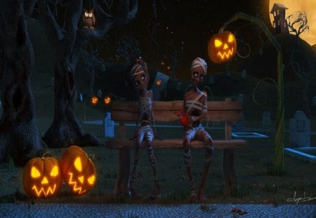 Mummies In Love - Halloween, Mummies, Bench, Jack o lantern