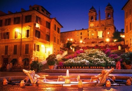 Spanish Steps - stairs, church, italy, night, rome, lights