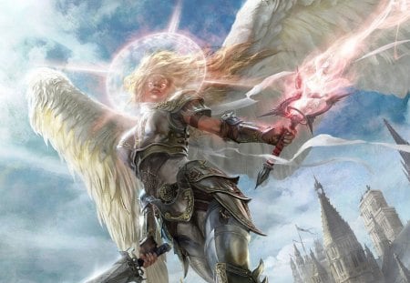 Angel - sky, building, angel, light, fantasy, armor, white, cloud, pink, castle, blue, creature, feather, sword, wongs