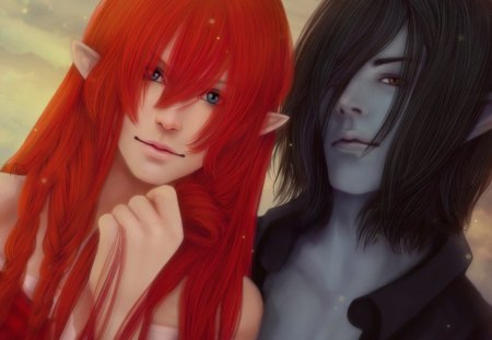 Elves - ears, girl, love, creature, elf, fantasy, redhead, valentine, woman, cute, princess, couple, day, brunette, blue eyes