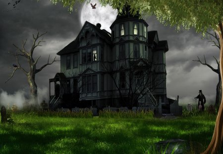 âœ¼.House of Horrors.âœ¼ - trees, creepy, haunted, ravens, crows, creative pre-made, moons, halloween, exterior, grass, spooky, birds, attractions in dreams, houses, night, horrors, ghost, love four seasons, backgrounds