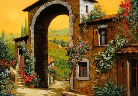 Arco Di Paese - pretty, house, vineyard, stone, beautiful, beauty, lovely, village, flowers, colorful, nature, Tuscany, painting, arch, nice, art