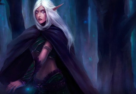 Elf princess - blue, ears, forest, pink, dark, purple, glitter, princess, girl, beauty, hair, creature, elf, black, fantasy, white, green, woman