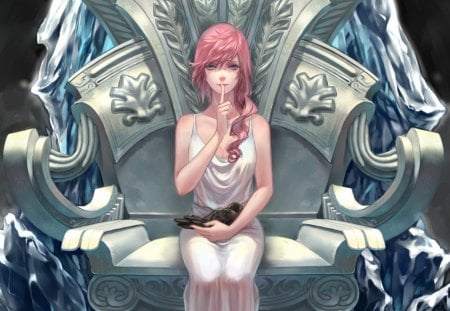 Shhhhh - woman, metal, beauty, female, hair, black, fantasy, white, silver, art, game, anime, cute, stone, lady, girl, throne, long hair, pink hair, final fantasy, videogames, lovely, bird, sleep, blue, pink, beautiful, lightning, sweet, dress