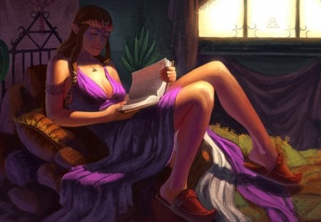 Elf princess - book, dress, girl, light, pink, orange, interior, dark, creature, elf, fantasy, the legend of zelda, woman, princess, games