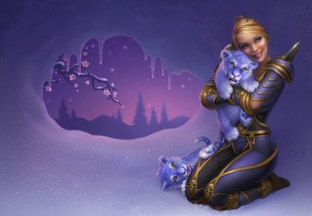 Tenderness - snow, blonde, spring, night, pink, animal, purple, golden, branch, game, tenderness, winter, girl, tiger, flower, bloom, fantasy, woman, world of warcraft