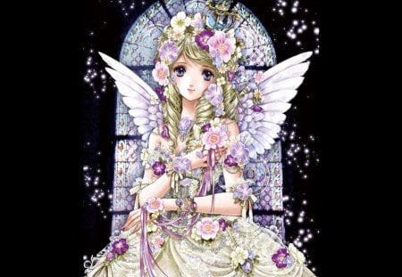 Pretty Angel - pretty, anime, elegant, divine, female, anie girl, maiden, dress, blonde, angel, blond hair, sublime, dark, gorgeous, blond, nice, gown, beautiful, girl, blonde hair, feather, beauty, lovely, sweet, flower, black, lady, floral, fantasy girl