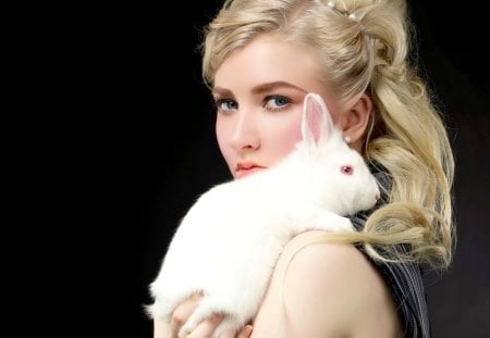 BEAUTY with BUNNY - white, pearls, rabbit, girl, hair, blonde