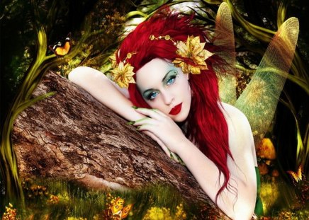 Maid of forest - beauty, wonder, lady, girl, hair, wings, lovely, abstract, forest, red, beautiful, fairy, maid