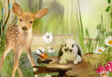 Sweet Fawn and Spring Bunny - bird, rabbit, fawn, log, babay, spring, grass, bunny, sweet, daisies, deer, mushrooms, cute, field, wild