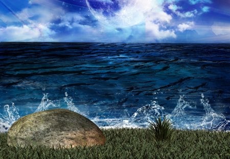 ✼.Summer Blue Ocean.✼ - summer, attractions in dreams, scenery, blue, creative pre-made, sky, clouds, oceans, waterscapes, beautiful, colors, cool, nature, bright, love four seasons, rocks, wave