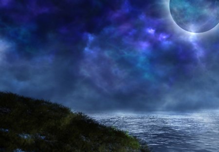 ✼.Moonlight in Sky Blue.✼ - summer, scenery, blue, creative pre-made, grass, night, splendid, view, plants, seasons, sky, clouds, oceans, waterscapes, beautiful, colors, cool, moonlight, nature, bright