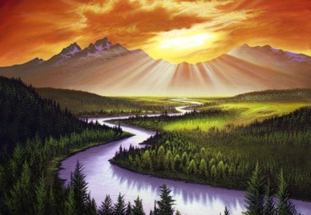 Landscape - rays light, beautiful, shadows, scenery, river, nature, paintings, colorful, waterscapes, mountains, landscape, sun, sky, sunsets, places, rivers, stunning, fields, landscapes, trees