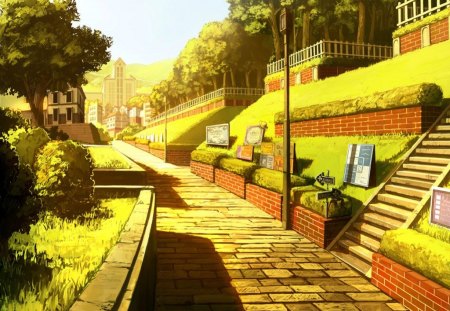 Anime Park - Trees, Yellow, Sunset, Cool, Anime, suchfolder, Grass, Original, Park, Green, Town