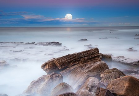 moon over a misty sea - moon, clouds, shore, sea, rocks, mist