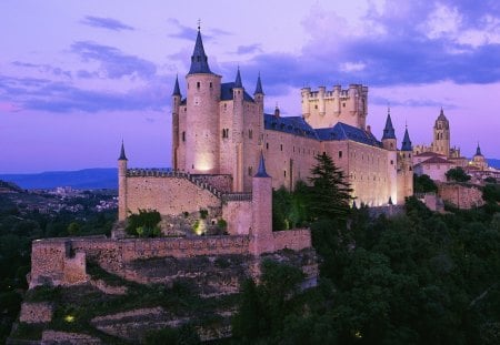 awesome spanish castle - hill, towers, evening, castle, trees