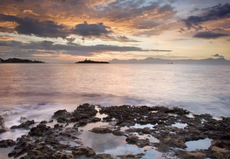 wonderful harbor island at sundown - clouds, shore, sundown, island, harbor, rocks