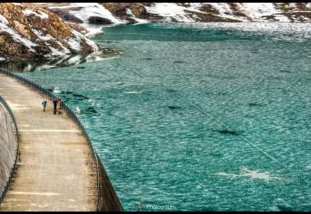 fantastic emosson dam in switzerland hdr - dam, lake, people, shore, hdr