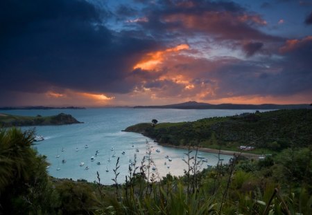 wonderful sea cove in paradise - cove, sundown, sea, boats, shore