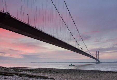 superb hanging bridge at sundown - sundown, narrows, clouds, shore, bridge