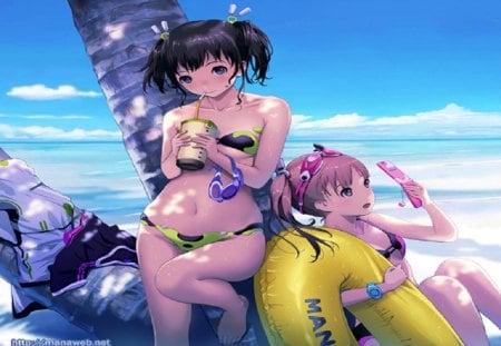 Summer Time - girls, sky, mana, beach, art, bikini, summer, orginal